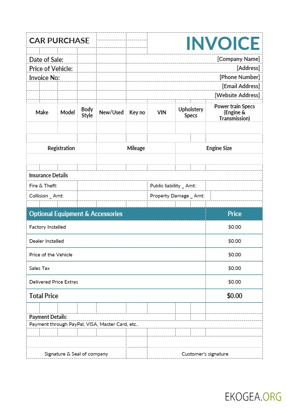 Modèle de facture d'achat de voiture